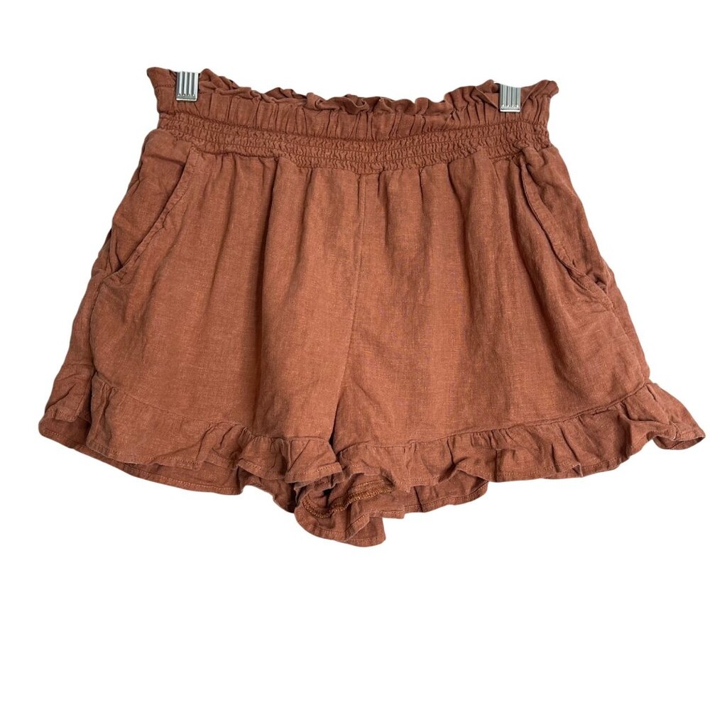 Aerie High‎ Waist Linen Blend Ruffle Shorts Womens XS Brown Preppy Flirty